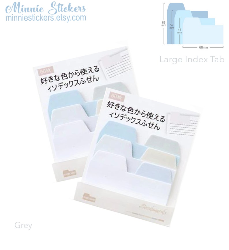 Puede incluir: Un paquete de 60 pesta&ntilde;as de &iacute;ndice de color azul pastel, blanco y beige con el texto "好きな色から使える インデックスふせん" en japon&eacute;s. Las pesta&ntilde;as est&aacute;n en un paquete de pl&aacute;stico transparente con un fondo blanco. El texto "Large Index Tab" est&aacute; impreso en una pesta&ntilde;a azul en la esquina superior derecha de la imagen.