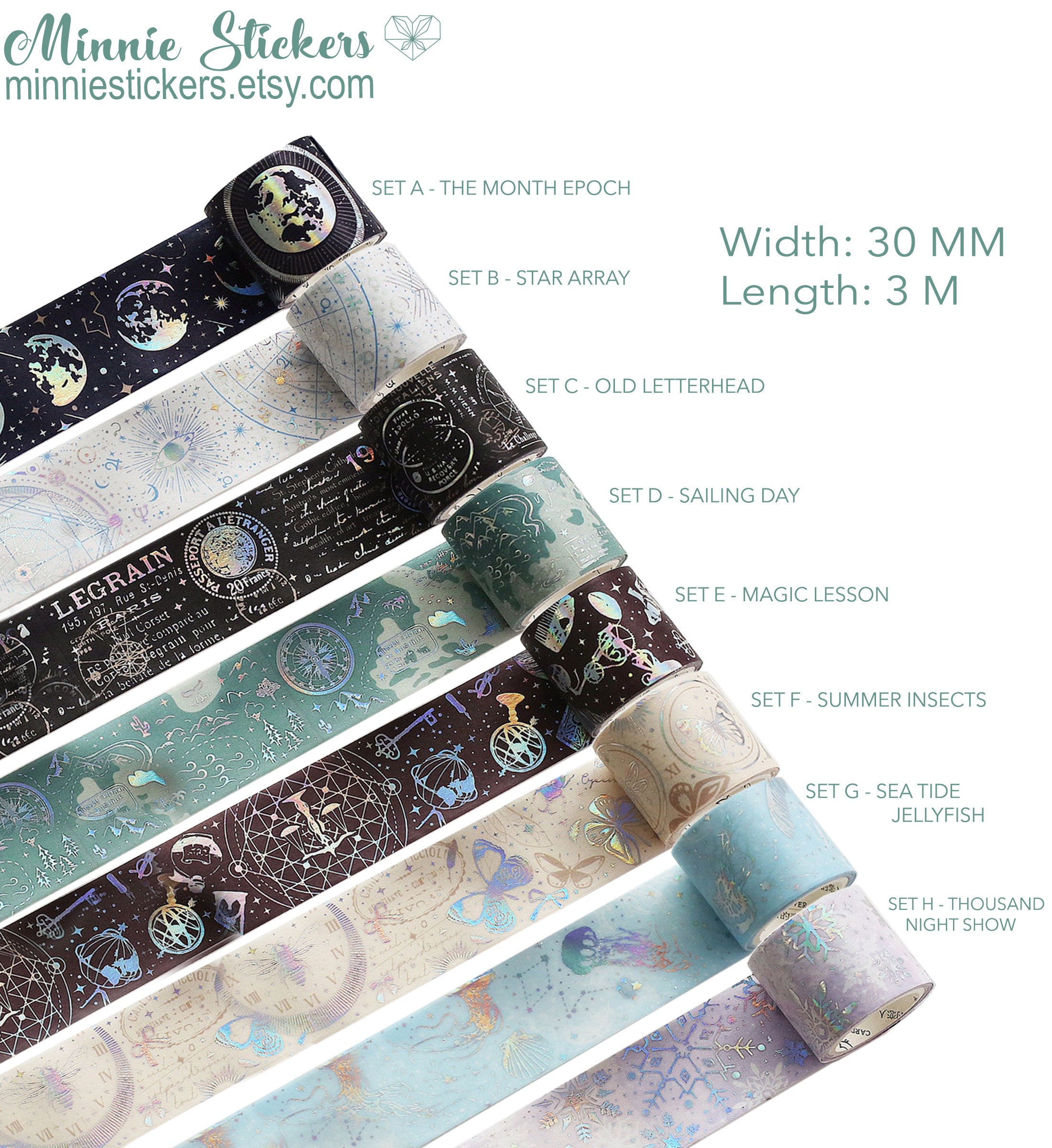 Fantasy Astrolable Washi Tapes, Stars, Moon, Astrology, Jellyfish, Snow Mystical Moth Night Astrology Stars Planner Journal Stickers MS-210