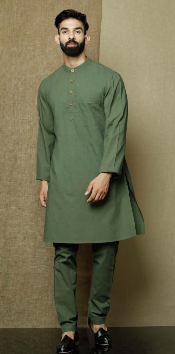 Traditional Mens Indian Kurta Stylish Solid Light Green Etsy