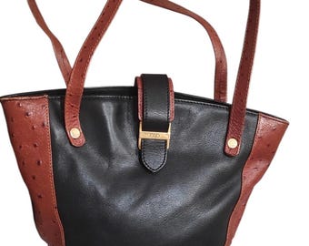 Sac Bandoulière Femme Pourchet France - Cuir D'autruche Camel - Motif Cheval/serpent