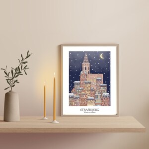 Nuit de Noël en Alsace | Strasbourg | Illustration | Affiche | Neige | Marché de Noël l Décoration murale l Cadrel Print A4 l Little Facade