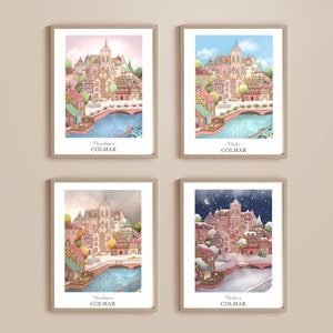 Poster Colmar 4 Jahreszeiten | Illustration Elsass | Saison | Weihnachtsmarkt l Rahmen l Druck A4 l Kleine Fassade