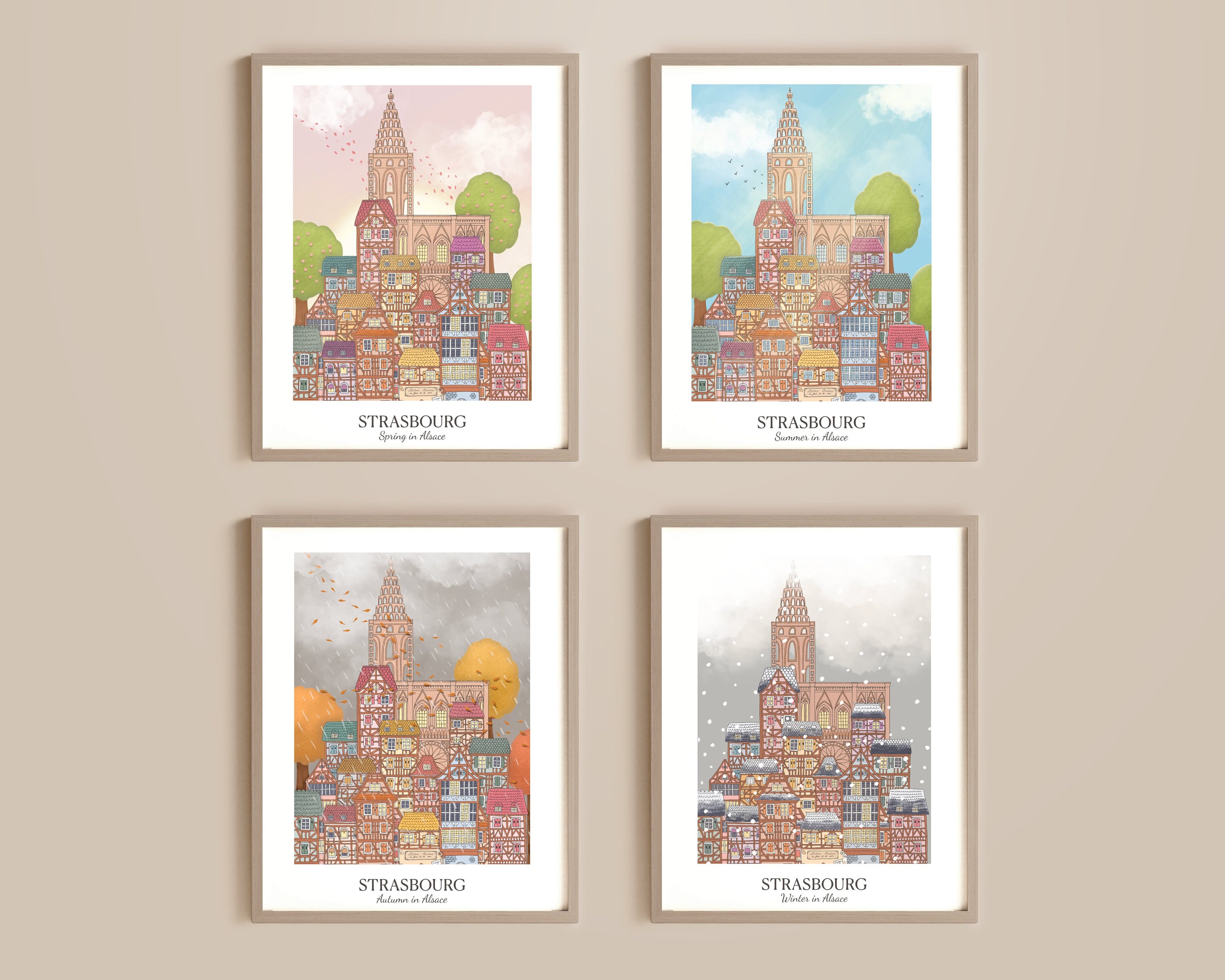 Lot 4 Saisons à Strasbourg | Alsace Jour Illustration Affiche Marché de Noël L Chambre Enfant Décora