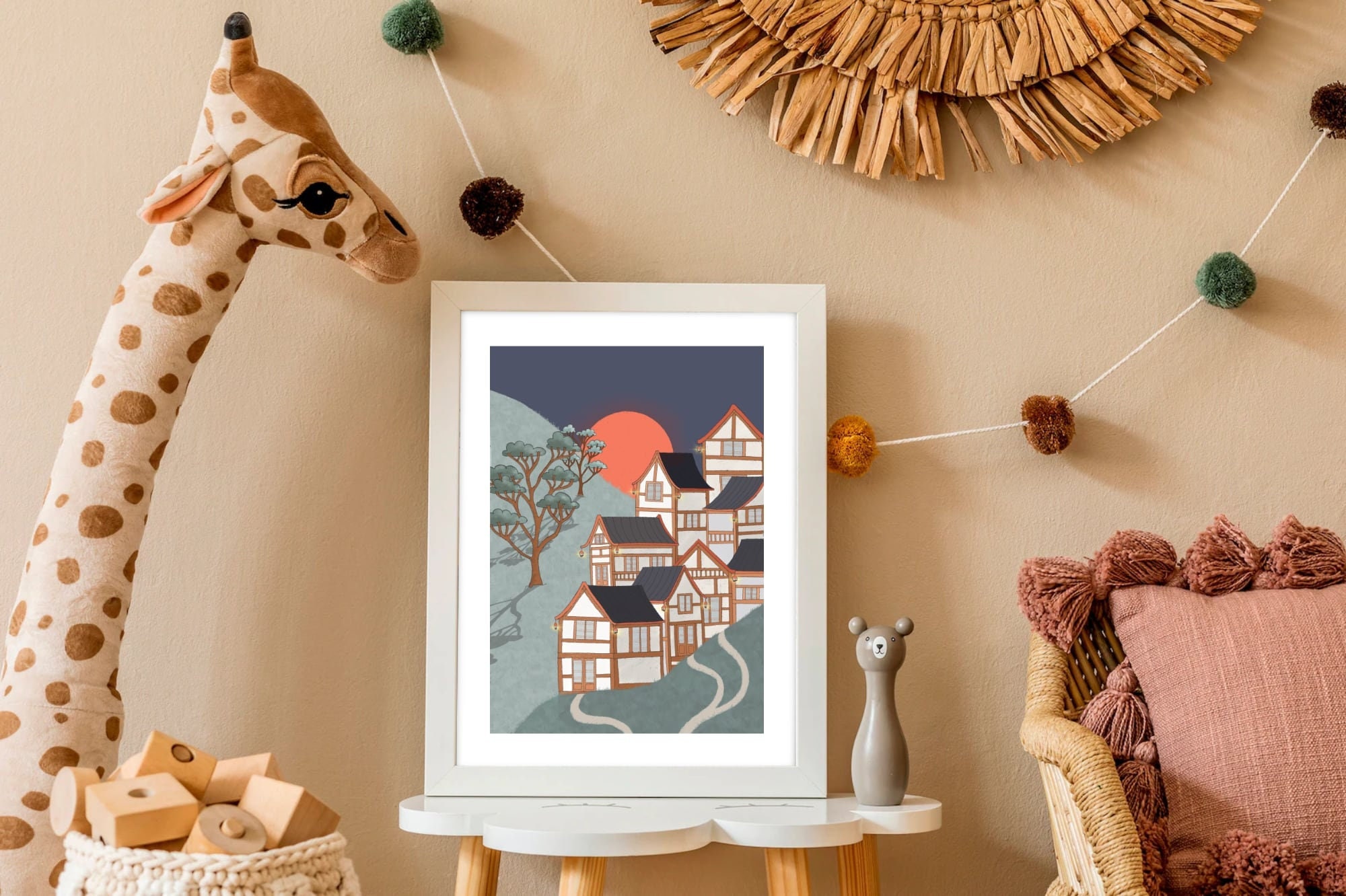 Affiche Lune Rouge en Asie | Illustration L Chambre Enfant Décoration Murale Print A4 Chambre Garçon