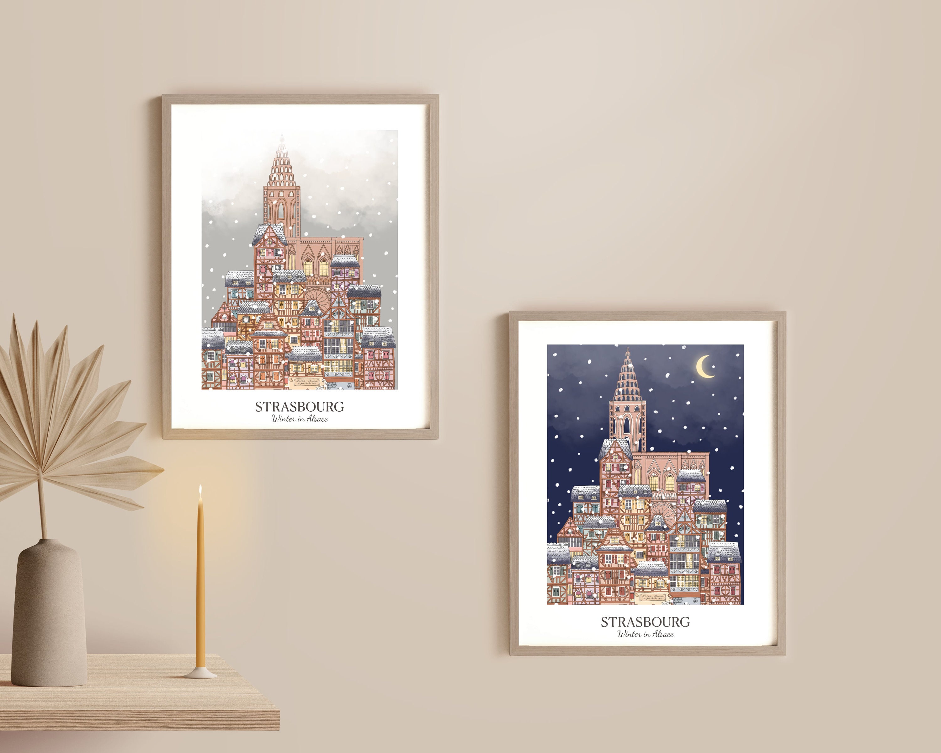 Duo Noël en Alsace | Strasbourg Illustration Affiche Neige Marché de L Chambre Enfant Décoration Mur