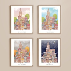 Carteles de las 4 estaciones de Estrasburgo | Ilustración Alsacia | Mercado navideño l Marco l Lámina A4 l Fachadita