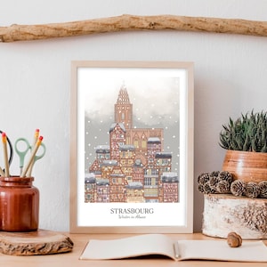 Weihnachtstag im Elsass | Straßburg | Illustration | Poster | Schnee | Weihnachtsmarkt | Wanddekoration l Rahmendruck A4 l Kleine Fassade