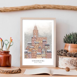 Christmas Day in Alsace | Strasbourg | illustration | Poster | Snow | Christmas market | Wall decoration l Framel Print A4 l Little Facade