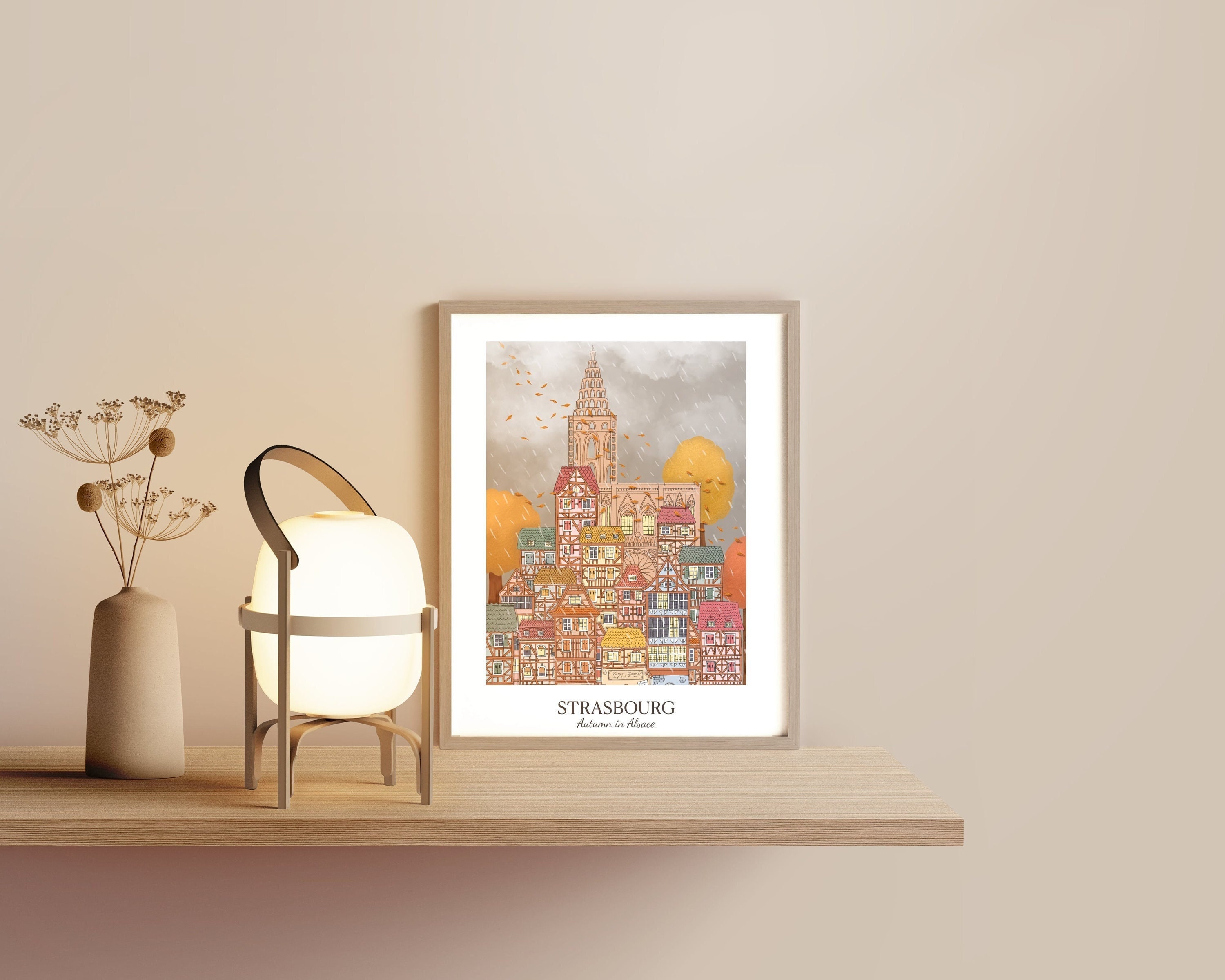 Autumne en Alsace | Strasbourg Illustration Affiche Marché de Noël L Chambre Enfant Décoration Mural