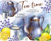 Watercolor tea party Hand-painted clip art Botanical lemon lavender Scrapbooking decoration DIY cards Stickers Wall art Individual PNG files