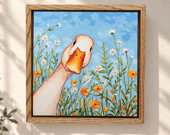 Textured Goose Oil Painting: Colorful Duck in Flowers - Animal Wall Art