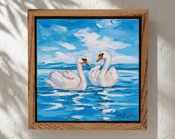Swan Painting Original Lake Landscape Art Framed Oil Painting 6x6"