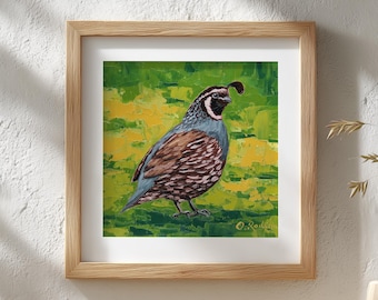 California Quail Oil Painting Original Bird Art, Nature Wall Decor 6x6", 8x8"