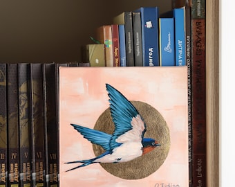 Barn Swallow Oil Painting Original on Canvas Bird Wall Art Gold Foil Art