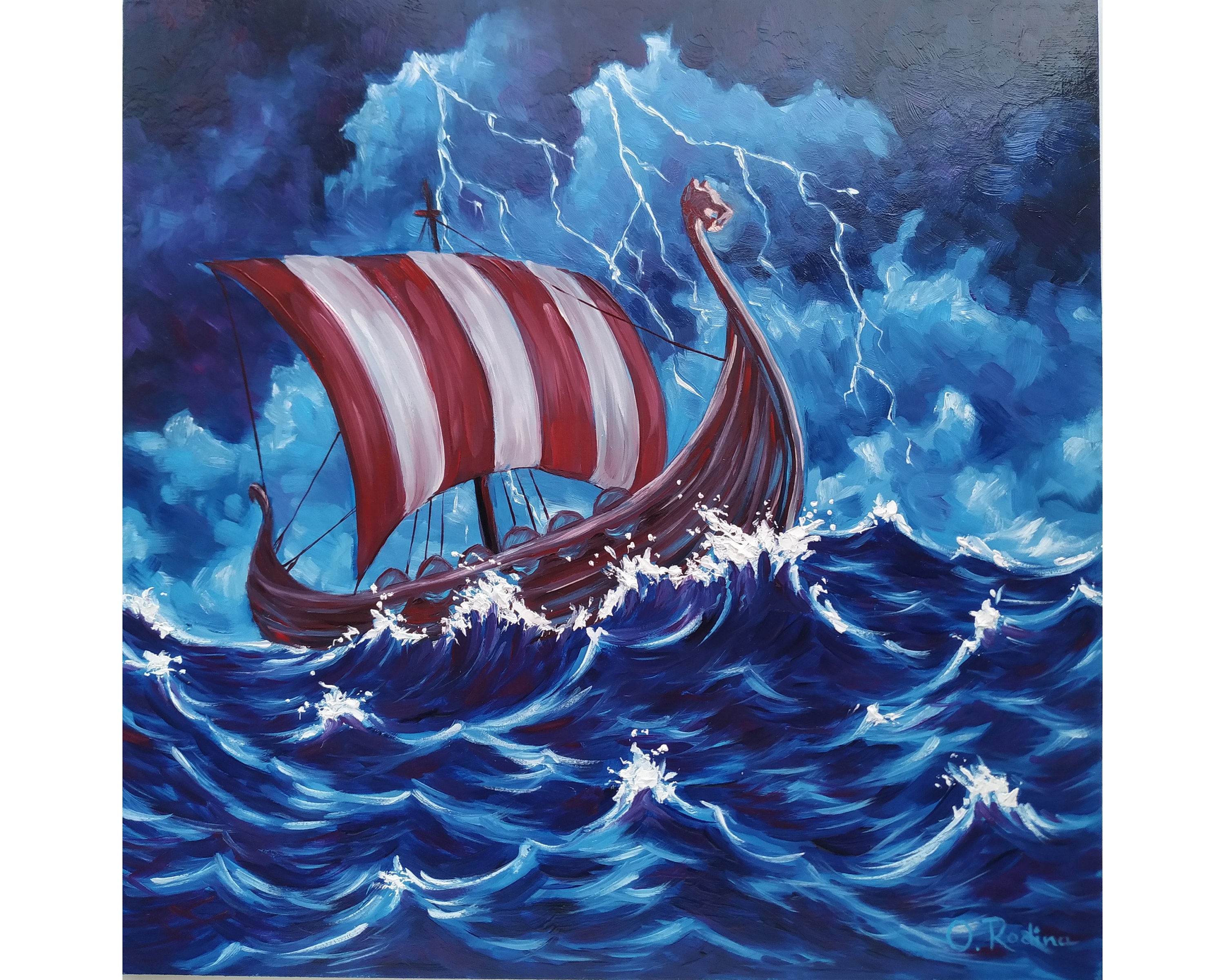 Drakkar Viking Ship Art 16x16 Storm Painting Oil Original Etsy UK