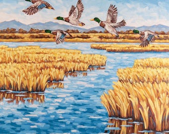 Duck Marsh Oil Painting on Canvas: Flying Mallards, Autumn Landscape Art Original