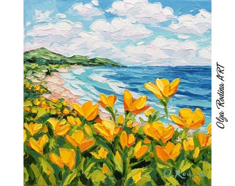 Ccalifornia Coast Painting Original on Canvas Landscape California Poppy Beach Art Coastal Impasto Oil Painting Yellow Poppies Wall Art