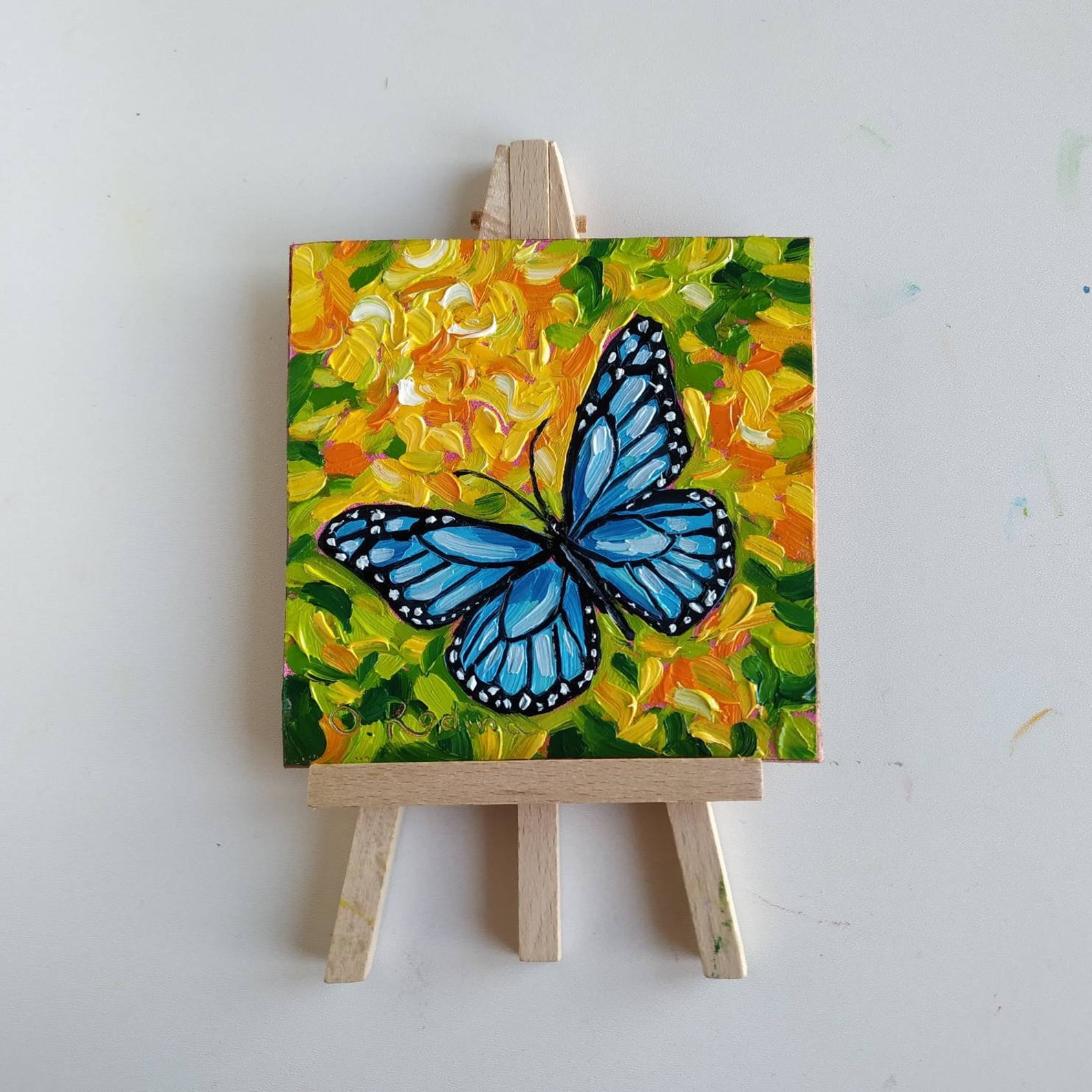 Blue Butterfly Oil Painting Original With Easel Insect Etsy