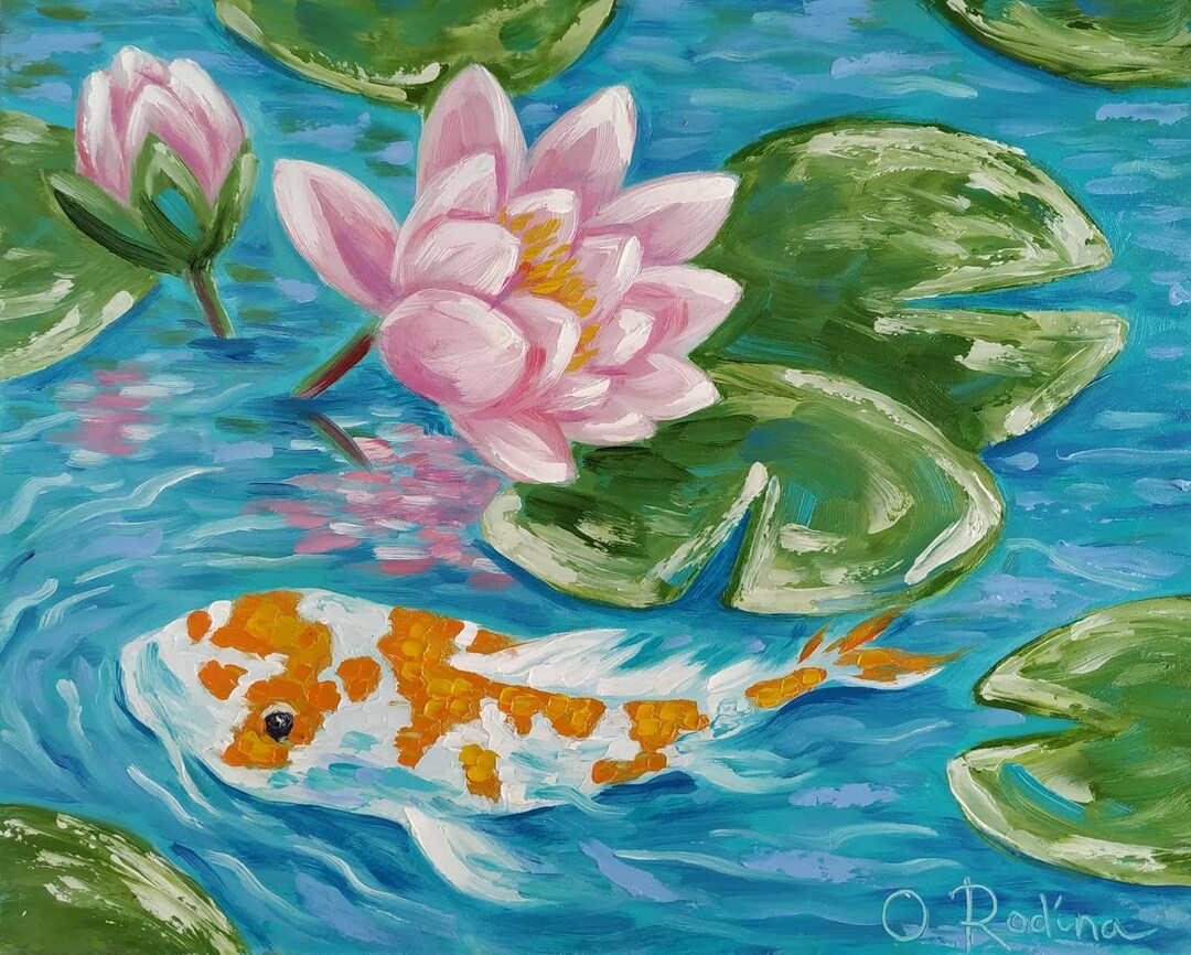 Water Lily Koi Fish Oil Painting Original Koi Fish Pond Painting 8x10 ...