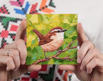 Wren Oil Painting Original 4x4 Small Bird Painting Carolina Wren Art Work Impasto Bird on Branch Painting Textured Small Painting