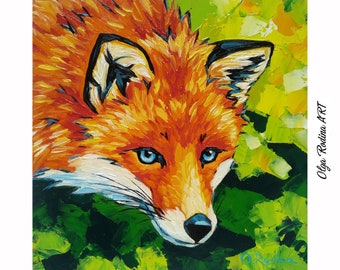 Red Fox Painting on Canvas Original Fox Art Colorful Fox Wall Art Portrait Fox on Green Background 8x8 Square Oil Painting Fox Original