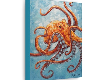 Octopus Art Print on Canvas - Bathroom Wall Art - Nautical Decor - Sea Animal Ocean Life Print
