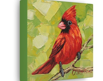 Red Cardinal Bird Art Print on Canvas - Bird Oil Painting Print - Fine Art Print - Home Decor - Square Animal Prints