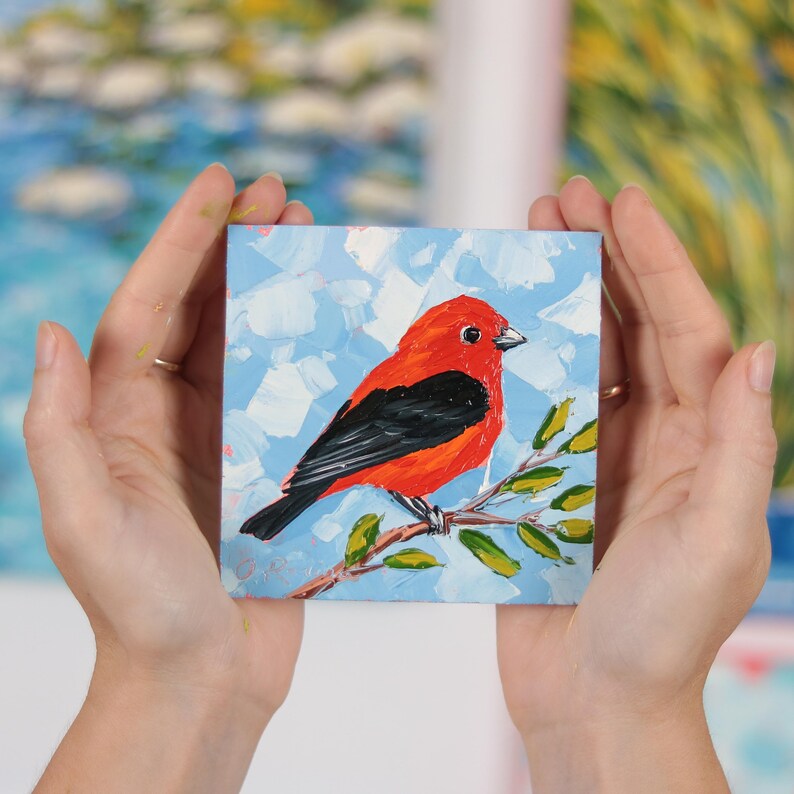 Scarlet Tanager Bird Oil Painting: 4x4 Original Songbird Art - Etsy