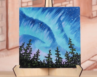 Aurora Borealis Oil Painting: Northern Lights, Pine Forest Landscape Art