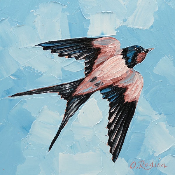 Barn Swallow Flying Oil Painting Original 6x6 Barn Swallow Bird Art Work