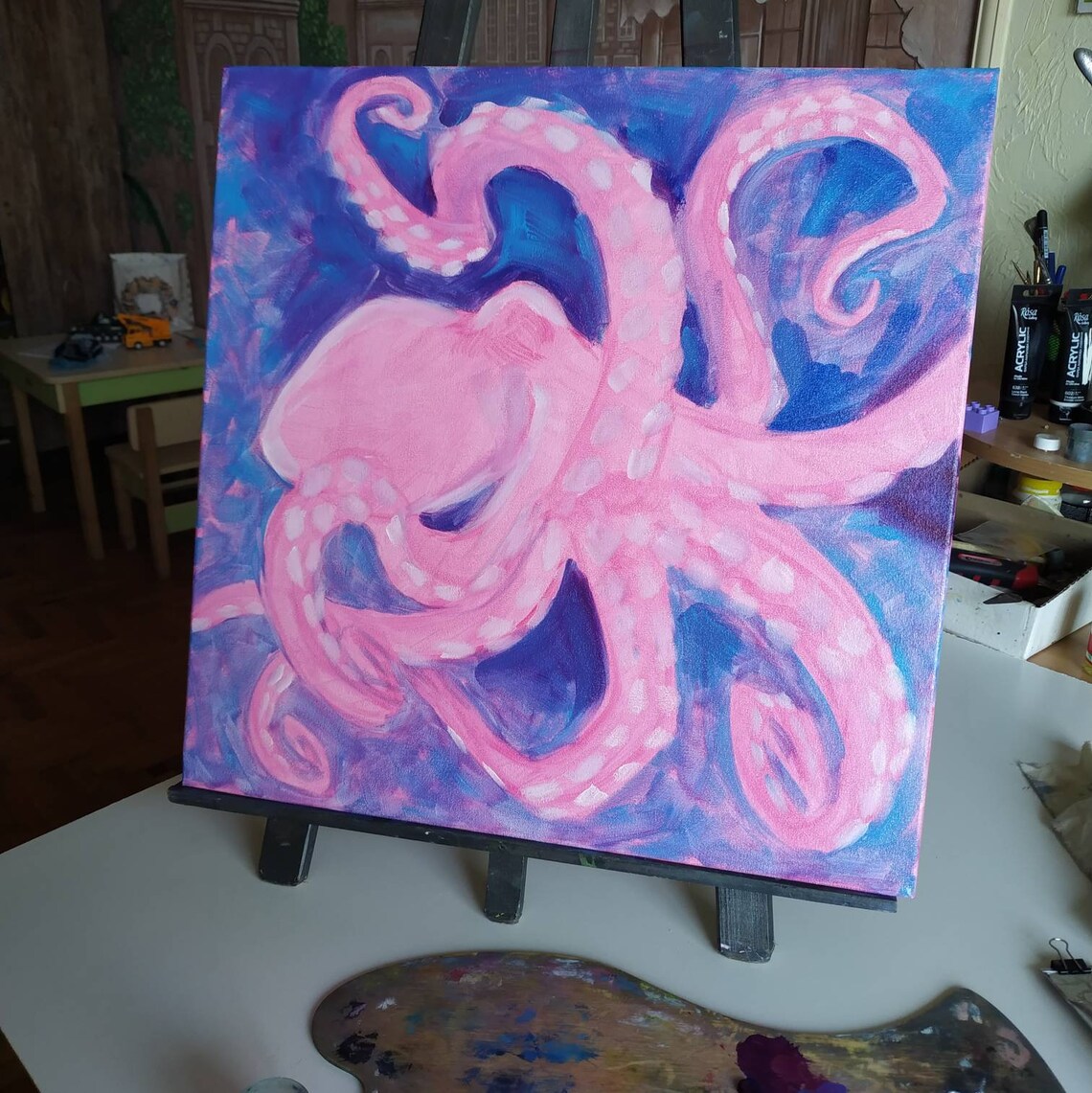 Bathroom wall decor Original Octopus oil painting on canvas Etsy