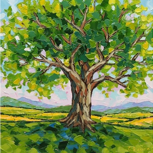 Oak Tree Original Oil Painting 10x10" Landscape Art, Green Wall Art, Calm, Peaceful, Serene Landscape Wall Art Colorful Impasto Art Original