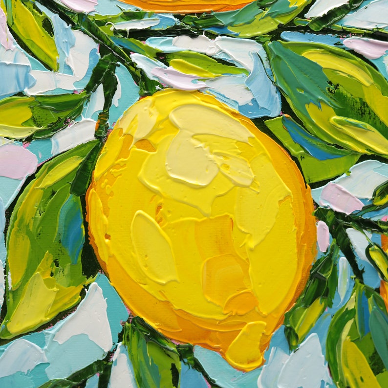 Kitchen Fruit Oil Painting on Canvas Original Lemon Branch Art Lemon Wall Art Palette Knife Art Lemon Decor 12x16 Painting image 5