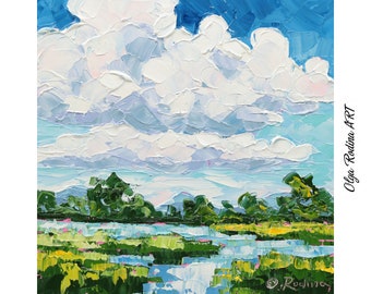 Marsh Oil Painting Original on Canvas Cloud Painting Florida Landscape of Marshland Palette Knife Textured Painting Square Wall Art