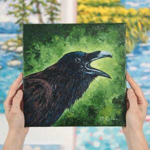 Raven Original Oil Painting on Canvas Crow Black Bird Art Square Wall Art