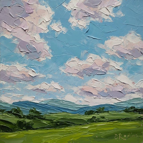 Original Cloud Painting Small Midwest Landscape Oil sold Painting Impasto Cloud Art Meadow Mountain Landscape Textured Painting