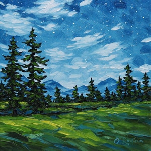 Original Night Sky Oil Painting: Starry Forest Landscape Art