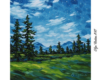 Night Sky Oil Painting - Night Landscape Original Art - starry night Wall Art - Nocturne Painting - Night Forest Painting Nightime Scene