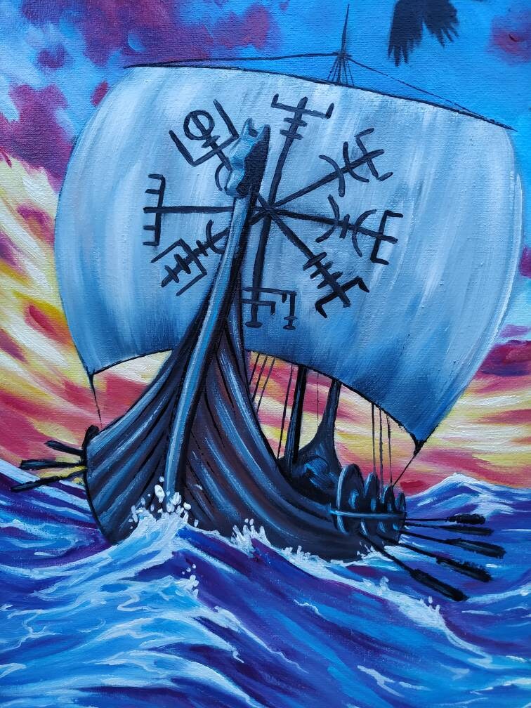Drakkar Viking ship Oil Painting on Canvas Vegvisir Viking Etsy