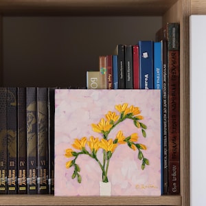 Yellow Freesia Flower Original Oil Painting Floral Wall Art 8x8 Impasto Flower in Vase Art Kitchen Wall Decor
