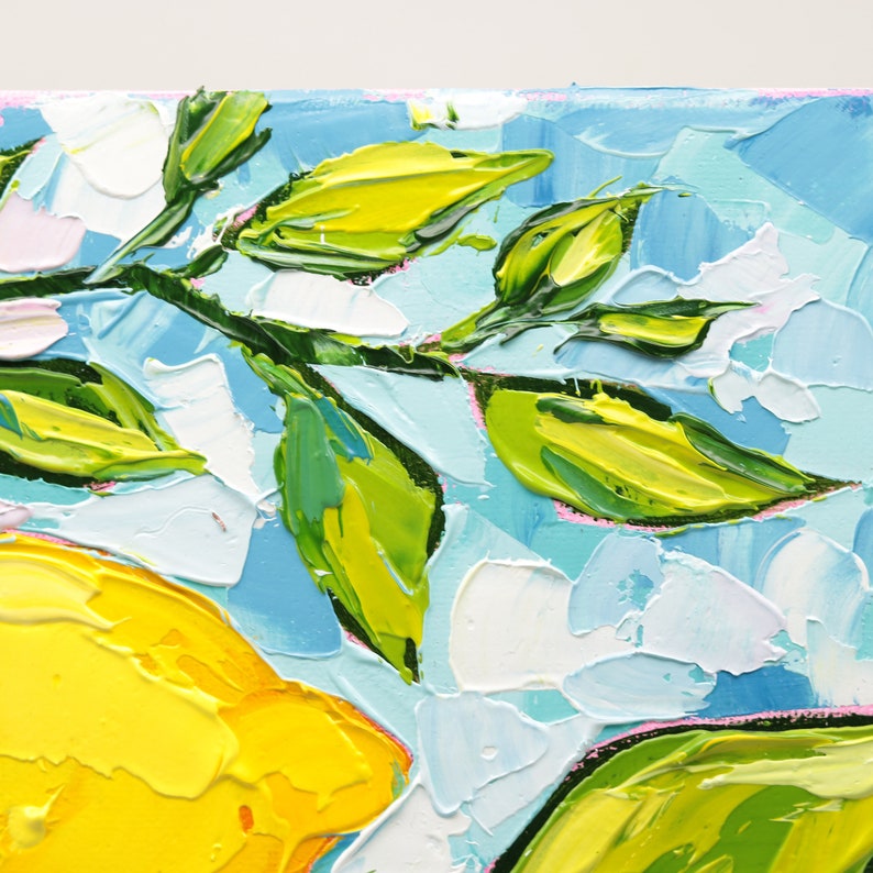 Kitchen Fruit Oil Painting on Canvas Original Lemon Branch Art Lemon Wall Art Palette Knife Art Lemon Decor 12x16 Painting image 9
