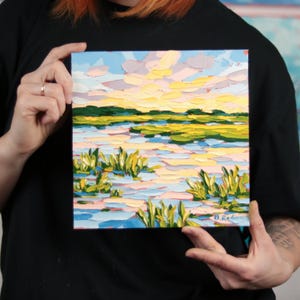 Wetland Sunset Oil Painting Solt Marsh Landscape Wall Art Pink Coastal Artwork Colorful Impasto Palette Knife Painting
