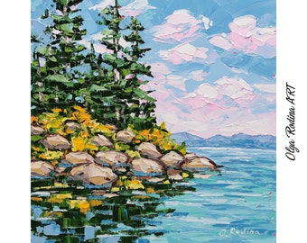 Lake Tahoe Oil Painting Original Landscape Palette Knife Art Lake Wall Art Impasto Painting 8x8 Square Painting