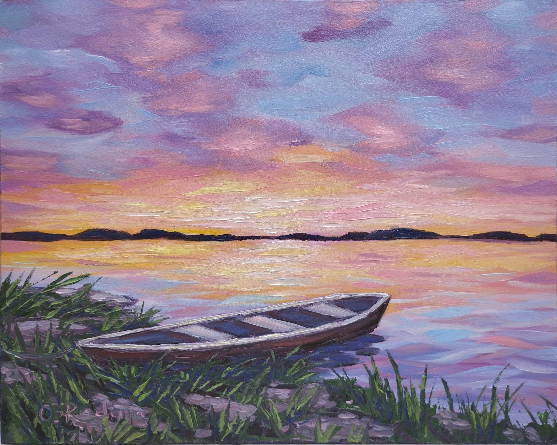 Sunset Lake Boat Painting Oil Original Canoe Painting Evening Etsy