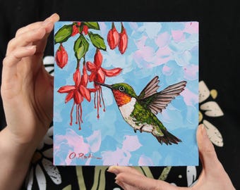 Hummingbird Painting Oil Original - Hand Painted Bird Lover Gift