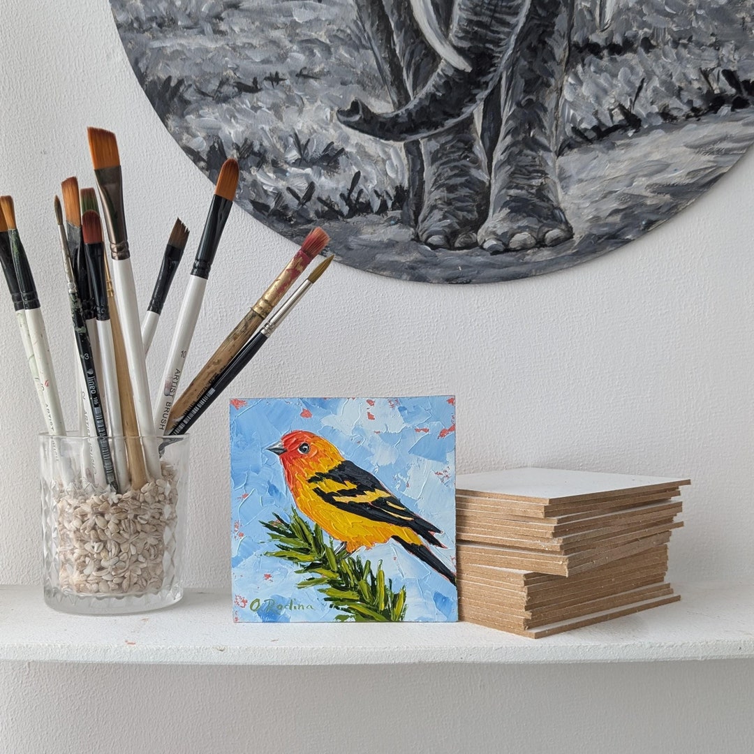 Western Tanager Bird Painting 4x4 Oil Painting Original Cute Bird Art ...