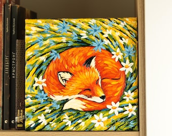 Sleeping Fox Oil Painting Original Fox in Daisies and Grass Artwork Cute Red Fox Painting Art 8x8 Oil Painting Red Fox Wall Art