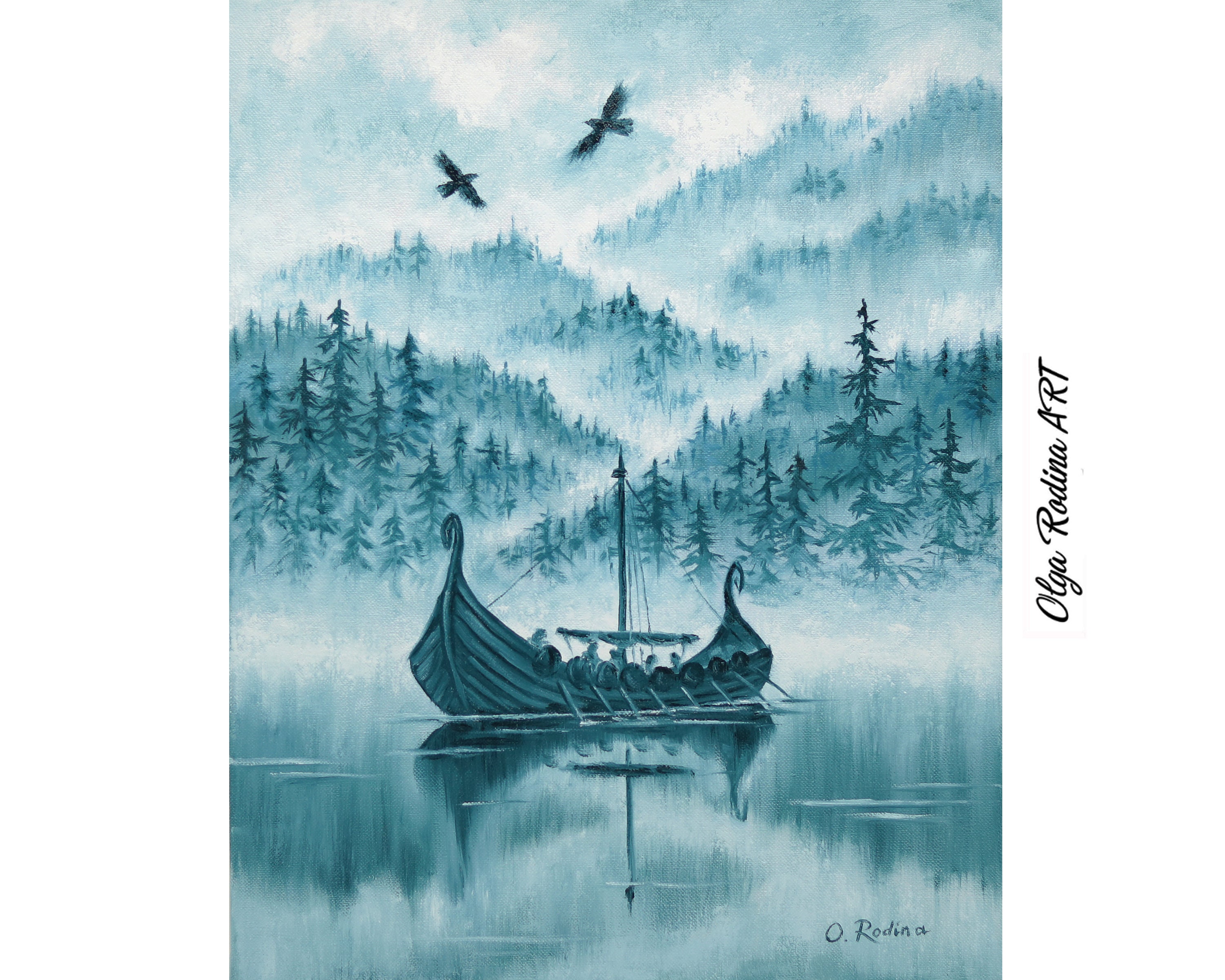 Viking Longship Oil Painting Original: Norse Mythology Art on Canvas