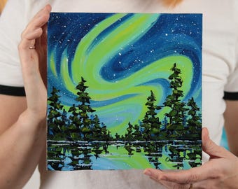 Aurora Borealis Oil Painting: Northern Lights Landscape Art (8x8")