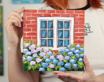 Hydrangea Oil Painting Original Palette Knife Floral Window Art Work